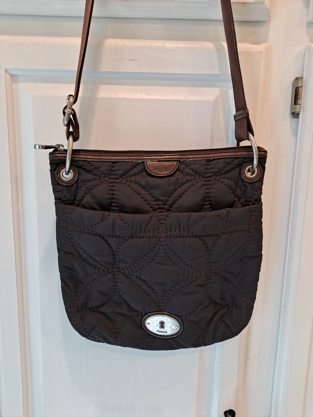 Fossil Key Per Black Quilted Crossbody Bag in Brown Leather Trim Slim Hobo